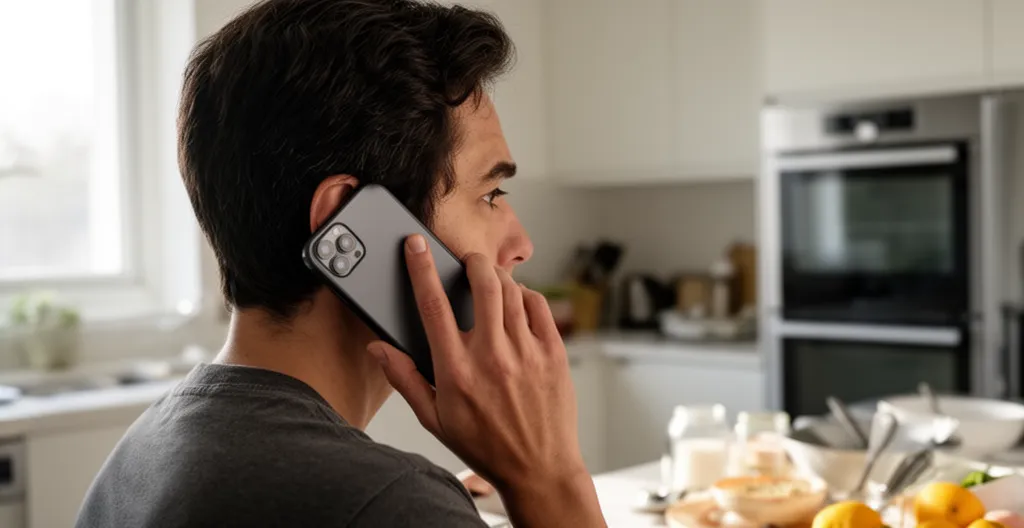 Personne tenant un téléphone avec une expression préoccupée dans une cuisine