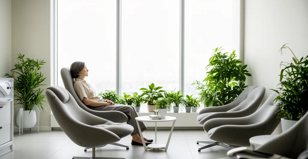 Patient assis calmement dans une salle d'attente médicale moderne